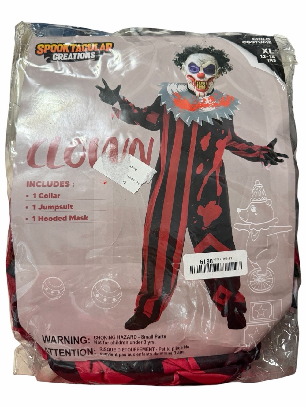 Spooktacular Red Black Scary Clown Costume Collar Jumpsuit Hooded Mask Spooky xl
